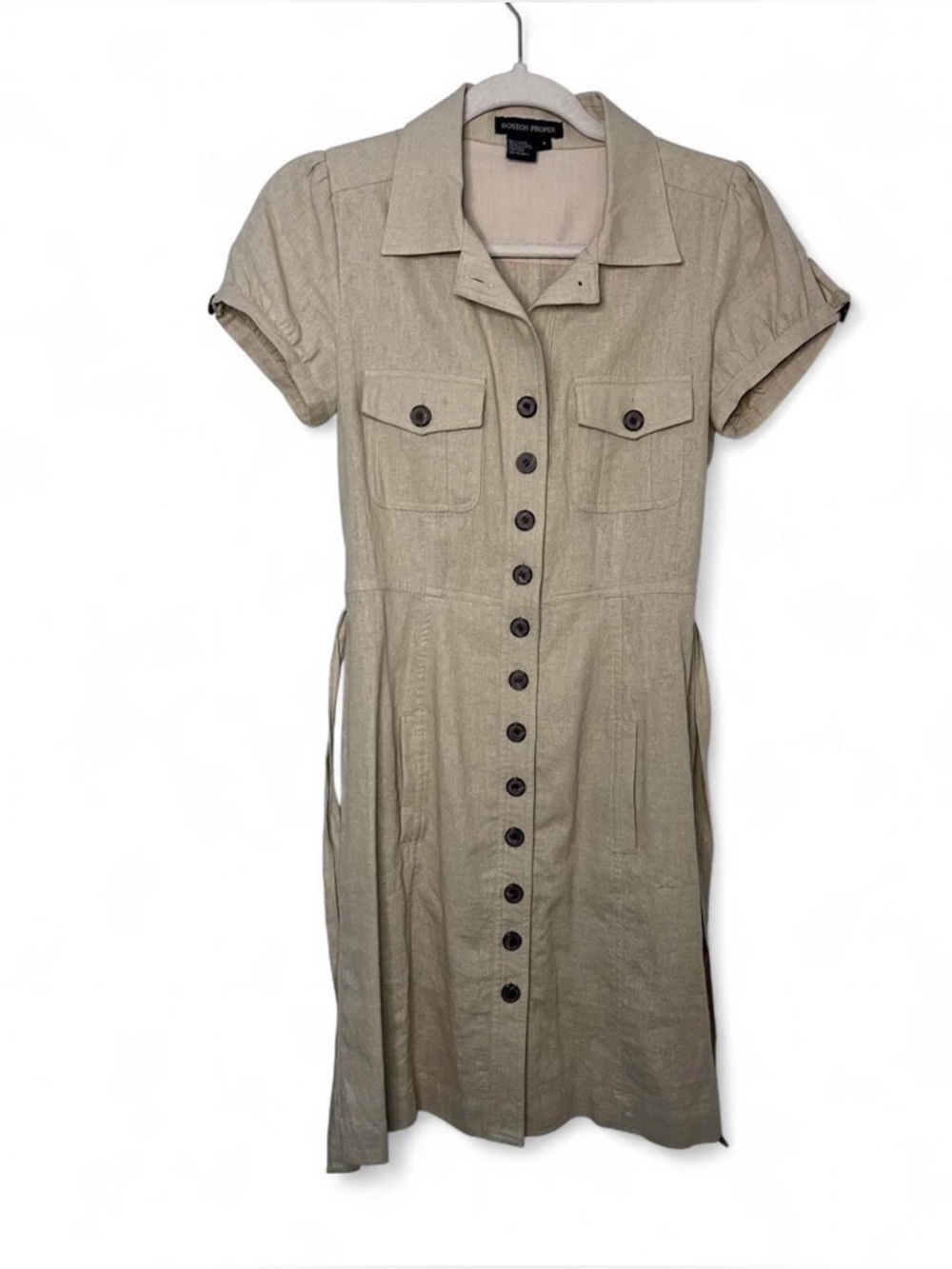 Boston Proper size 4 Beige Short-Sleeve Button-Front Utility Dress Linen